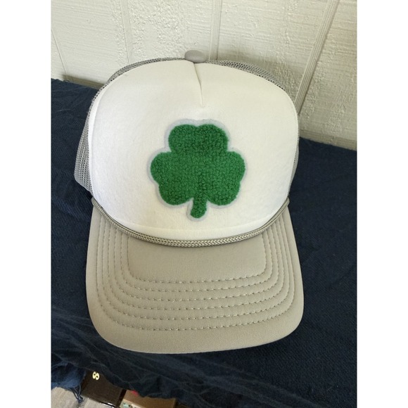 Accessories - Shamrock Patch Trucker Hat Grey White St Patricks Day Snapback